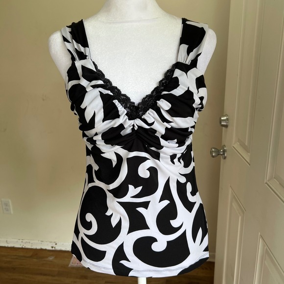 White House Black Market Tops - White House Black Market Black White Scroll Print Lace Trim Ruched Top M y2k
